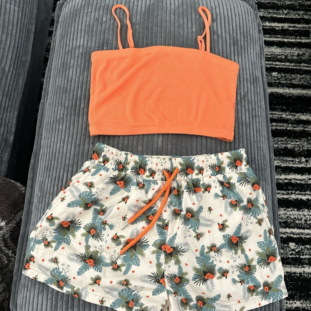 Orange Ribbed Crop Top with Tropical Floral Shorts Set